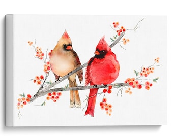 Cardinal Watercolor Canvas Art, A Joyful Moment Cardinal Couple Watercolor  Painting On Canvas - Best Canvas Wall Art