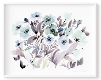 Watercolour Light Blue Flowers Art Print Wall Art, Museum Quality Watercolor Giclée, Beautiful and Unique Floral Print by Senay Studio