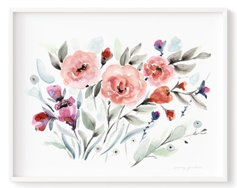 Watercolour Floral Art Print, High Quality Giclée Art Print Wall Art Freestyle Watercolor Painting High Quality Artwork, Frame NOT included