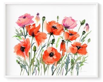 Art Print Red Poppy Garden Watercolor Painting High Quality Giclée Print Watercolour Artwork by Senay Made in Canada, frame Not included