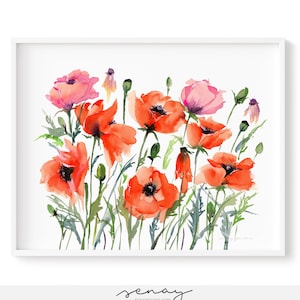 Stampa artistica "Giardino di papaveri rossi" Acquerello Stampa Giclée di alta qualità Opera d'arte ad acquerello di Senay Realizzata in Canada, cornice non inclusa