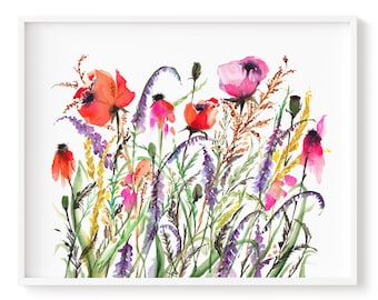 Art Print Meadow Poppy Flowers Watercolour Artwork Beautiful Wall Art Giclée Print Museum Quality Archival Art Print, Frame NOT included