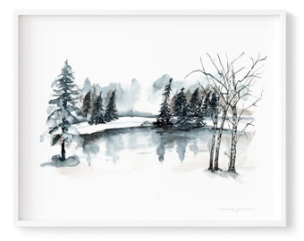 Winter Scene Watercolour Painting Art Print Wall Art High Quality Giclée Print Monochrome Loose Watercolor Variety Size, Frame NOT included