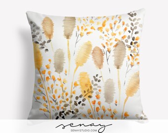 Yellow Grass Linen Pillow Cover: Watercolor Floral Cushion