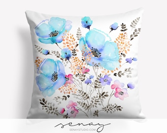 Blue Poppies Linen Pillow Cover: Handmade Floral Design