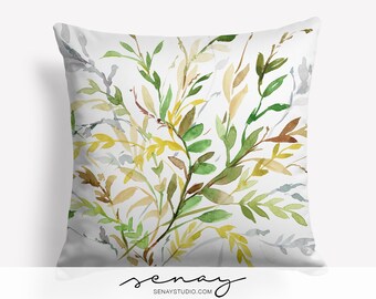 Watercolor Wild Leaves Pillow Cover: Eco-Friendly Linen Blend
