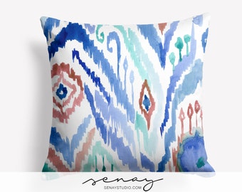 Watercolor Ikat Pillow Cover: Handmade Linen Decorative Pillow (16"x16")