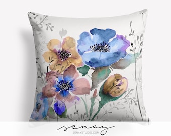 Watercolor Mountain Flowers Linen Pillow Cover: Handmade Home Decor
