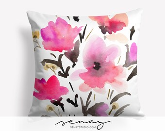 Watercolor Floral Linen Pillow Cover: Bright Pink Flowers, Handmade