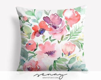 Floral Watercolor Pillow Cover: Handmade Linen Blend Cushion