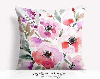 Red Roses Pillow Cover: Watercolor Floral Linen Cushion