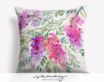 Wisteria Pillow Cover | Watercolor Floral Linen Blend, 16x16