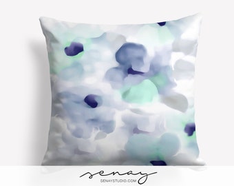 Foggy Blue Linen Pillow Cover: Hand-Painted Watercolor Floral, (16"x16")