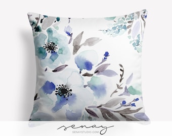 Blue Watercolor Floral Pillow Cover: Linen Cushion, Handmade in Canada