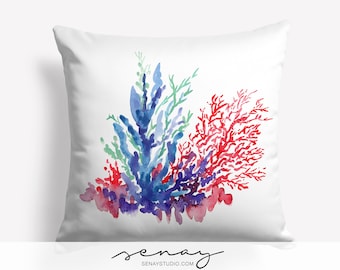Coral Watercolor Linen Pillow Cover: Handmade 16"x16" Decorative Cushion