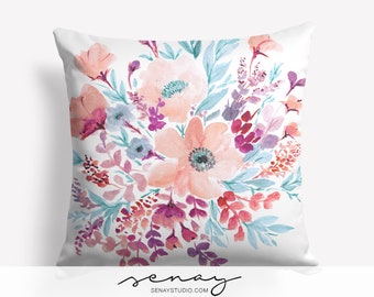 Serenity Bouquet Pillow Cover: Hand-Painted Watercolor Floral Linen