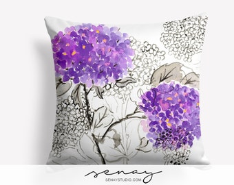 Purple Hydrangea Pillow Cover: Linen Watercolor Floral, Handmade in Canada (16x16)