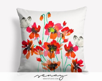 Beautiful Red Flowers and Butterflies Pillow Cover, Handmade Quality Pillow Cover with invisible zipper