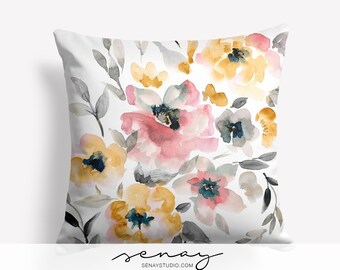 Golden Blush Floral Linen Pillow Cover: Watercolor Design, Handmade in Canada