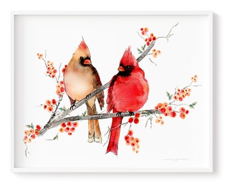 Art Print Cardinal Birds Watercolor Giclée Print High Quality and Beautiful Painting Watercolour Cardinal Birds Artwork, Frame Not included