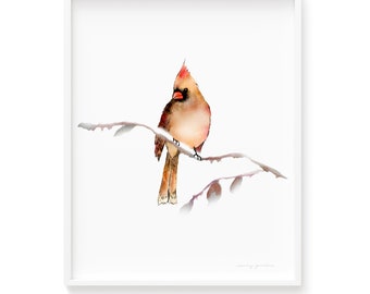 Cardinal Bird in Fawn Colour Art Print Light Brown Color Bird Watercolor Giclée Print Museum Quality Art Prints Wall Art, Frame Not Included