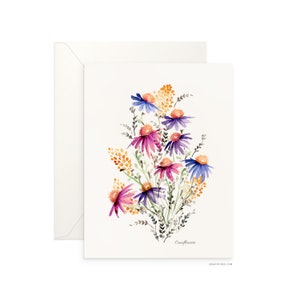 Carte vierge pliée Coneflowers 5 x 7 po, beau design aquarelle, carte de voeux d'archives pour toutes les occasions par Senay, enveloppe incluse
