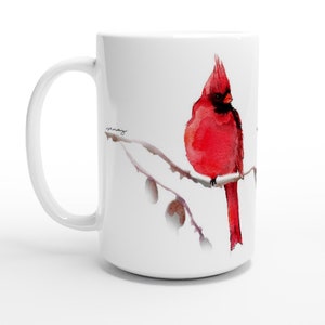 Gorgeous Red Cardinal 15oz Ceramic Mug, Beautiful and Unique Red Bird Artwork by Senay Studio