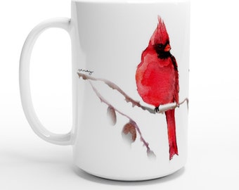 Red Cardinal Ceramic Mug - Senay Studio Bird Art - 15oz