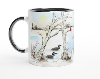 Cardinal and Loons 11oz Ceramic Mug with Color Inside