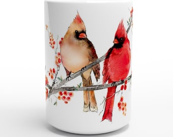 Cardinal Birds Watercolor Ceramic Mug - 15oz