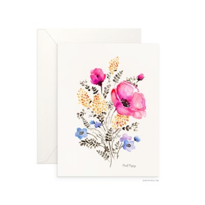 Carte vierge pliée coquelicot rose de 5 x 7 po., beau design aquarelle, carte de voeux d'archives par Senay pour toutes les occasions, enveloppe incluse