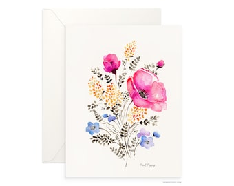 Pink Poppy Watercolor Card: Archival Floral Art, Blank Inside