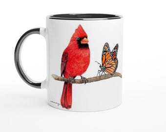 Red Cardinal Bird and Monarch Butterfly 11oz Ceramic Mug with Black Colour Inside