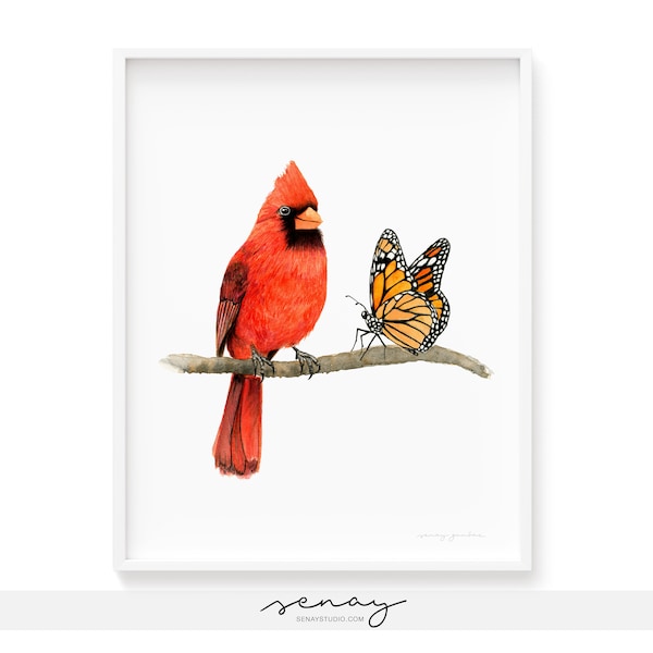 Red Cardinal Bird & Monarch Butterfly Watercolour Art Print, Perfect Gift for Her or Him, Hand-painted Watercolor Bird Giclée Print Wall Art