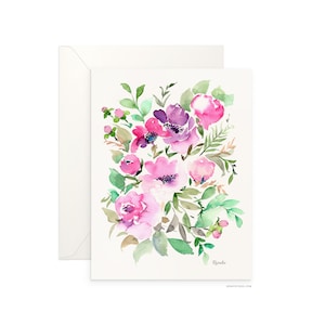 Carte vierge pliée Rosalie de 5 x 7 po., beau dessin floral aquarelle, carte de voeux d'archives pour toutes les occasions par Senay, enveloppe incluse