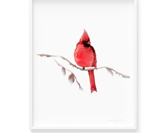 Red Cardinal Bird Art Print, Perfect Gift for Her or Him, Museum Quality Beautiful and Unique Watercolour Painting by Senay Studio