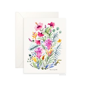 Carte vierge pliée de jardin tropical de 5 x 7 po., belle aquarelle florale, carte de voeux d'archives pour toutes les occasions par Senay, enveloppe incluse