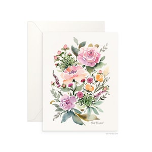 Carte vierge pliée Bouquet de roses de 5 x 7 po., beau dessin floral aquarelle, carte de voeux d'archives pour toutes les occasions par Senay Design Studio