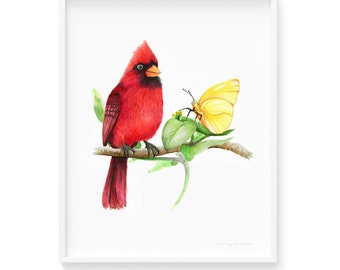 Red Cardinal & Yellow Butterfly Watercolour Art Print, Perfect Gift for Her or Him, Hand-painted Watercolor Bird Giclée Print Wall Art