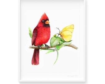 Roter Kardinal & gelber Schmetterling Aquarell Kunstdruck, Perfektes Geschenk für Sie oder Ihn, handgemalter Aquarell Vogel Giclée Druck Wandkunst