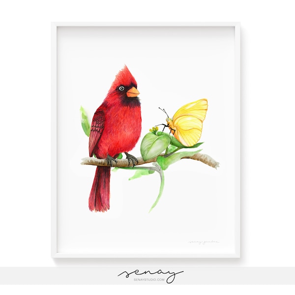 Red Cardinal & Yellow Butterfly Watercolour Art Print, Perfect Gift for Her or Him, Hand-painted Watercolor Bird Giclée Print Wall Art