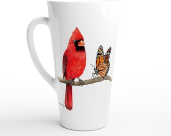 Red Cardinal Bird and Monarch Butterfly 17oz Ceramic Latte Mug