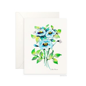 Carte vierge pliée de 5 x 7 po. Fleurs bleues, beau design aquarelle, carte de voeux d'archives par Senay pour toutes les occasions, enveloppe incluse