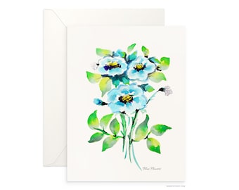 Blue Flowers Watercolor Card: Archival Floral Art, Blank Inside