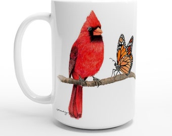 Red Cardinal Bird and Monarch Butterfly 15oz Ceramic Mug