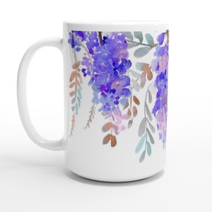 Beautiful Purple Wisteria 15oz Ceramic Mug, Watercolour Flower Mug by Senay Studio