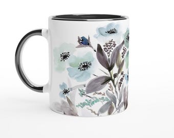 Light Blue Flowers 11oz Ceramic Mug with Black Colour Inside