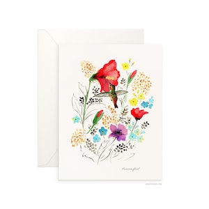 Carte vierge pliée Colibri de 5 x 7 po., beau design aquarelle, carte de voeux d'archives par Senay pour toutes les occasions, enveloppe incluse