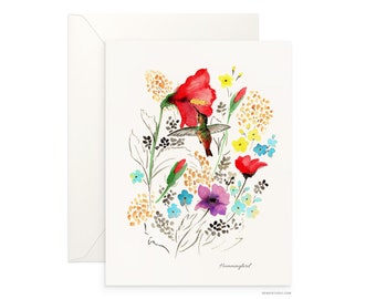 Hummingbird Watercolor Blank Card: Floral Art Greeting Card