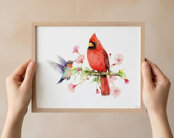 Hummingbird and Cardinal Bird, Wooden Framed Art Print With Museum-Quality Matte Paper